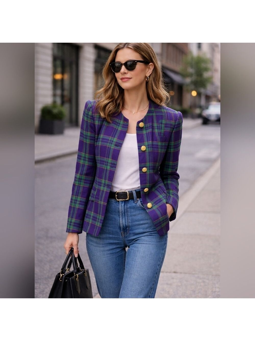 Lord & Taylor Purple Green Plaid Vintage Blazer Chunky Gold Buttons - Picture 1 of 14